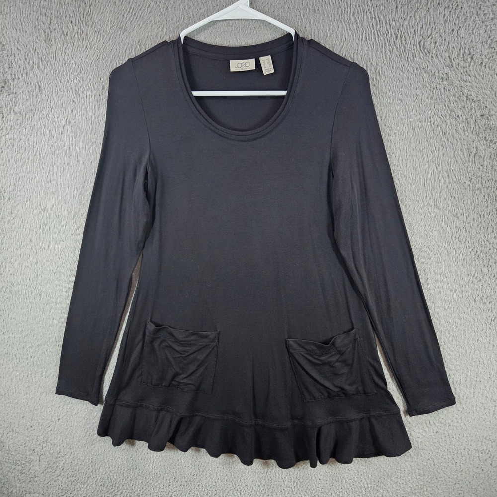 LOGO‎ Lori Goldstein Womens XXS Black Ruffle Hem Tunic Top Long Sleeve Pockets
